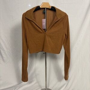 Wild Fable Ribbed Collared Crop Top Warm Brown Long Sleeve NWT Sz L